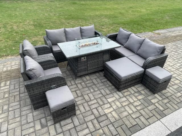 Fimous Wicker PE Rattan Garden Furniture Set Gas Fire Pit Dining Table Indoor Outdoor with Chair Loveseat Sofa 3 Footstools Dark Grey