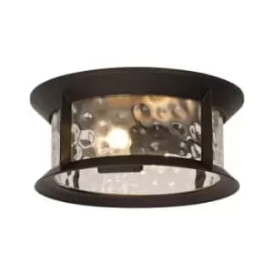 Flush Ceiling Lamp, 2 xE27, Antique Bronze, Clear Ripple Glass, IP54 - Luminosa Lighting
