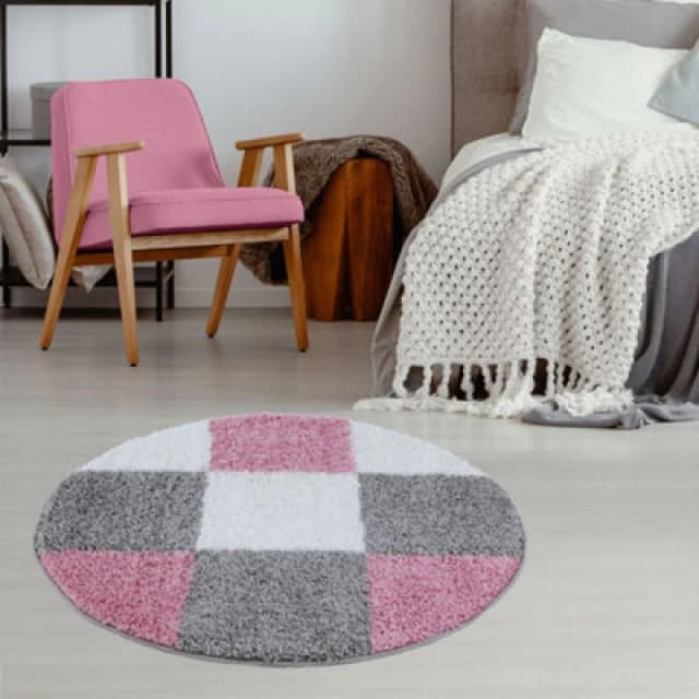 THE RUGS Fluffy & Soft Shaggy Rugs Living Room Rug in Pink - Elegant Geometric Design Carpets For Bedrooms & Kitchen 381 Size: 120cm diameter Pin