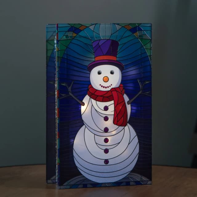 21cm Battery Operated Light up Double Sided Stained Glass Snowman Decoration with LEDs