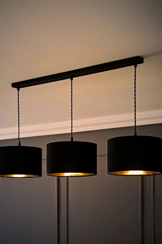 ValueLights ValueLights Reni Black Velvet & Gold Shade 3 Drop Bar Black Diner Ceiling Light with Bulbs Black One Size Unisex 5059406064043