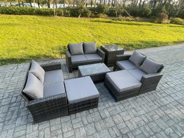 Fimous 7 pc Rattan Sofa Garden Furniture Outdoor Patio Set with Side Tables 2 Big Footstool Love Seat Sofa Dark Grey Mixed Dark Grey Unisex