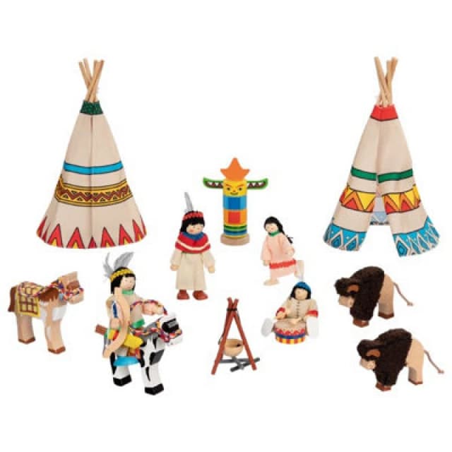 Goki Flexible Wooden Puppets - Indian Camp Village Figure Playset