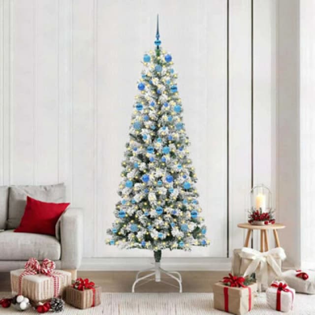 vidaXL Artificial Hinged Christmas Tree with Blue Balls Green and white 210 cm, Green 3395611
