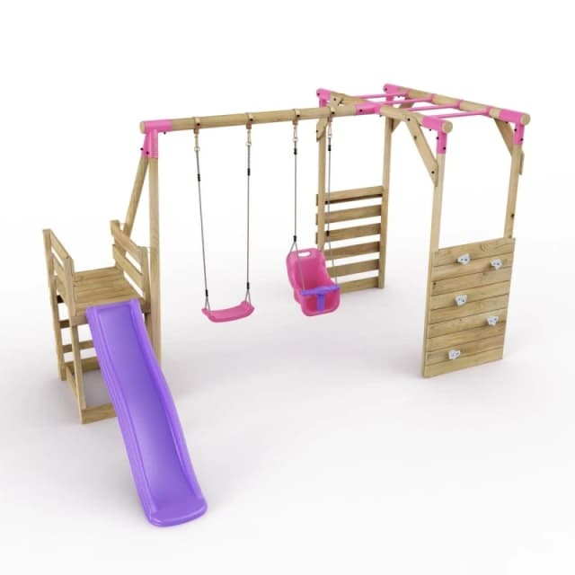 Rebo Wooden Double Swing Set with Baby Seat, Monkey Bars and Slide - Luna Pink Pink