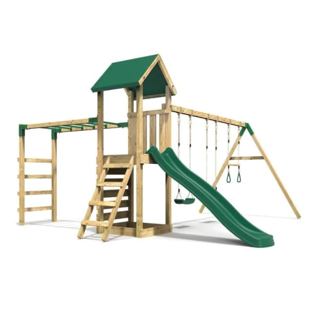 Rebo Wooden Climbing Frame with Triple Swing, Monkey Bars and Slide - Pelion Green Green