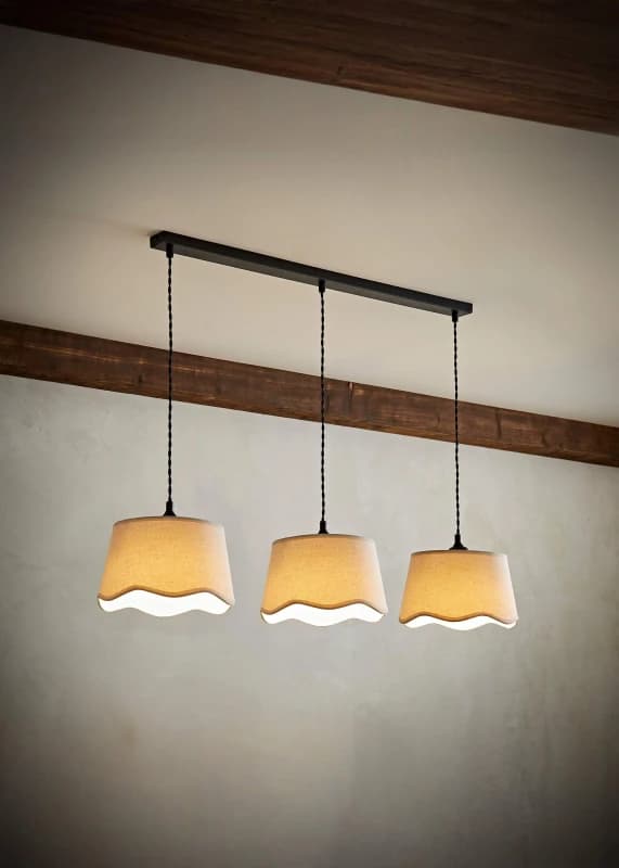 ValueLights ValueLights Mabel Natural Linen Scallop 3 Drop Bar Black Diner Ceiling Light Natural One Size Unisex 5059406068003