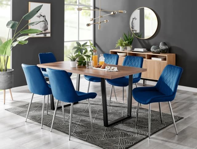FurnitureboxUK FurnitureboxUK Kylo Large Brown Wood Effect Dining Table & 6 Pesaro Velvet Silver Leg Chairs in Navy Navy One Size Unisex 5056542672156