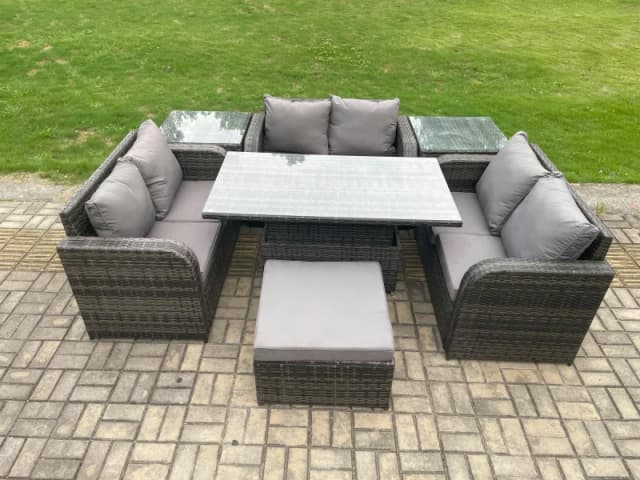 Fimous Rattan Garden Outdoor Furniture 3 PC Love Sofa Set Patio Adjustable Rising lifting Dining Table With 2 Side Tables Big Footstool Dark Grey