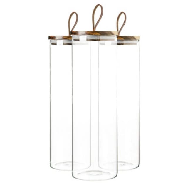 Argon Tableware Glass Storage Jars with Wooden Lids Leather Loop 2 Litre Pack of 3 Clear