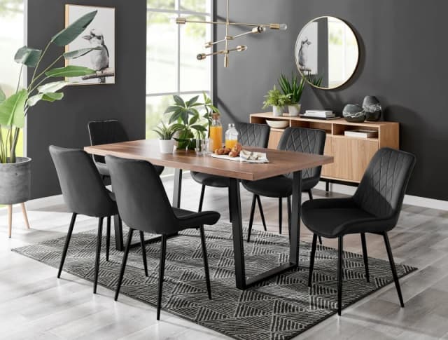 FurnitureboxUK FurnitureboxUK Kylo Large Brown Wood Effect Dining Table & 6 Pesaro Velvet Black Leg Chairs Black One Size Unisex 5056542671999