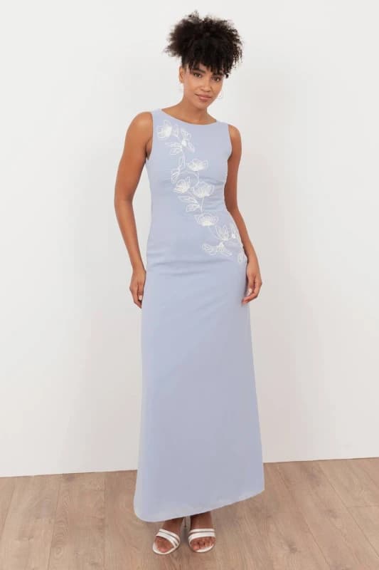 Maya Deluxe Womens Floral Embroidery Cowl Back Maxi Dress in Light Blue Size: 16 Light Blue Female 16