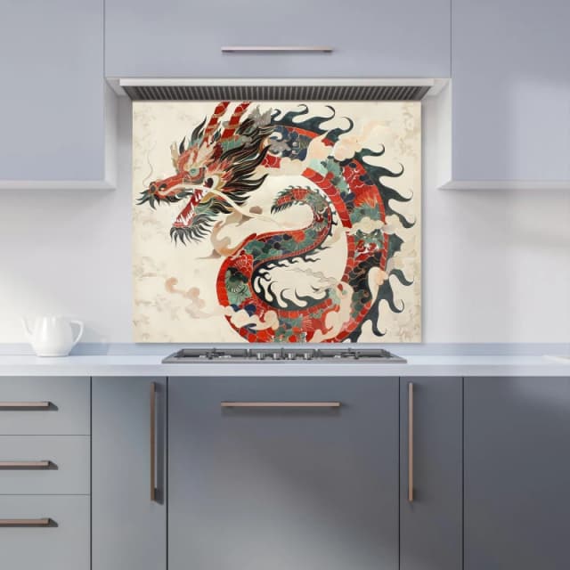 Warren Reed - Designer Majestic Chinese Dragon Swirl Kitchen Splashback Size: 600mm x 750mm Multicolor Unisex 600mm x 750mm