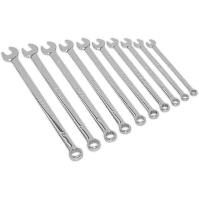 Loops 10pc Extra Long Combination Hand Spanner Set - 10 to 19mm Metric 12 Point Socket Multi