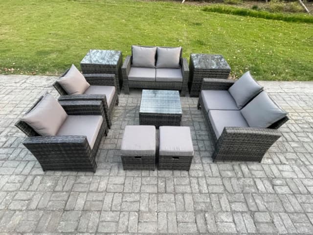Fimous Outdoor Garden Furniture Sets 9 Pieces Wicker Rattan Furniture Manual Wicker Patio Sofa Set with 2 Small Footstools in Dark Grey Dark Grey Unis