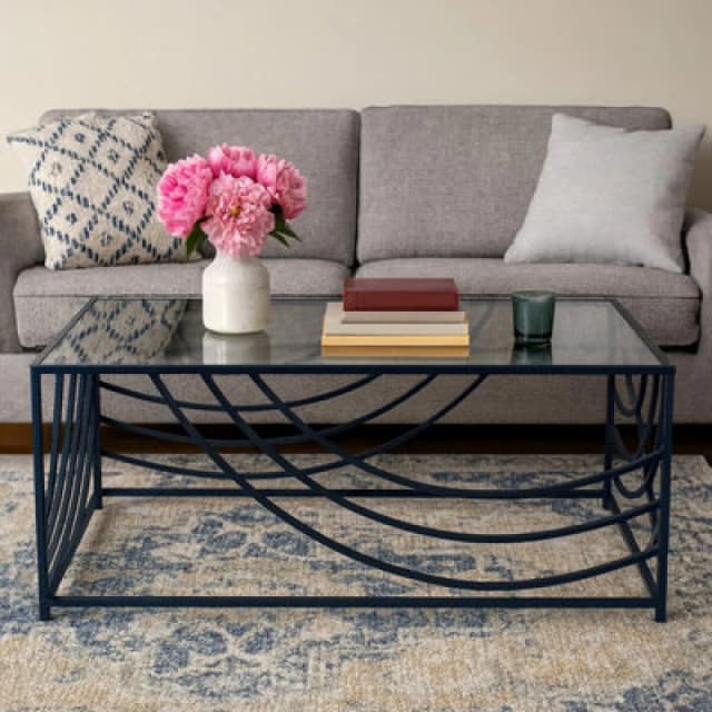 Orsina Mirrored Glass Top Coffee Table, Black Iron Frame With Curved Side Detailing, Open Frame Centrepiece