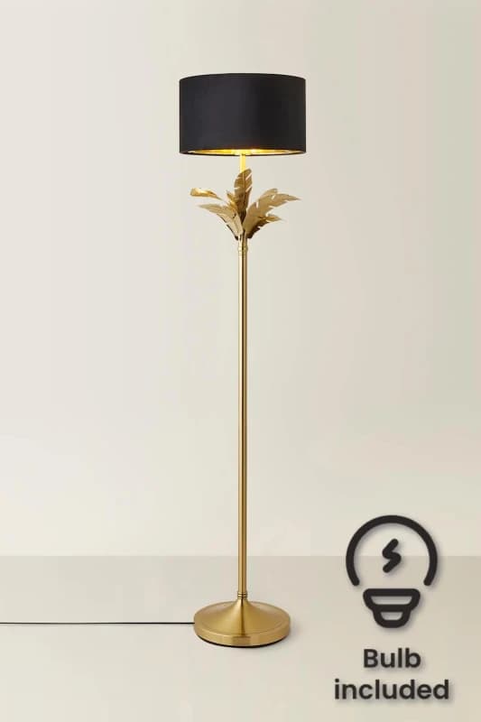 ValueLights ValueLights Christina Velvet with Gold Inner Drum Shade Gold Palm Leaf Floor Lamp with Bulb in Black One Size Unisex 5059406067396