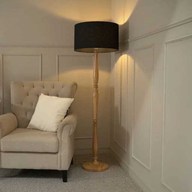 ValueLights Victoria Light Wood Traditional Stem Floor Lamp with Fabric Drum Shade Black
