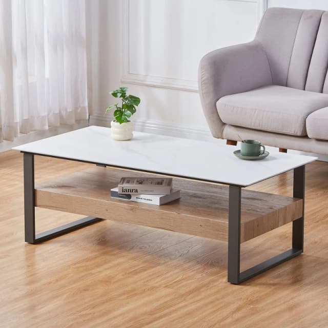 Artemis Home Ascent Rectangular Stone Coffee Table with Shelf in Light Stone Light Stone Unisex