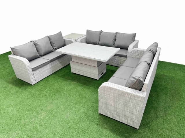 Fimous PE Rattan Lounge Sofa Set 9 Seater Outdoor Garden Furniture Set with Adjustable Lifting Dining or Coffee Table 3 Seater Sofa Side Table Light G