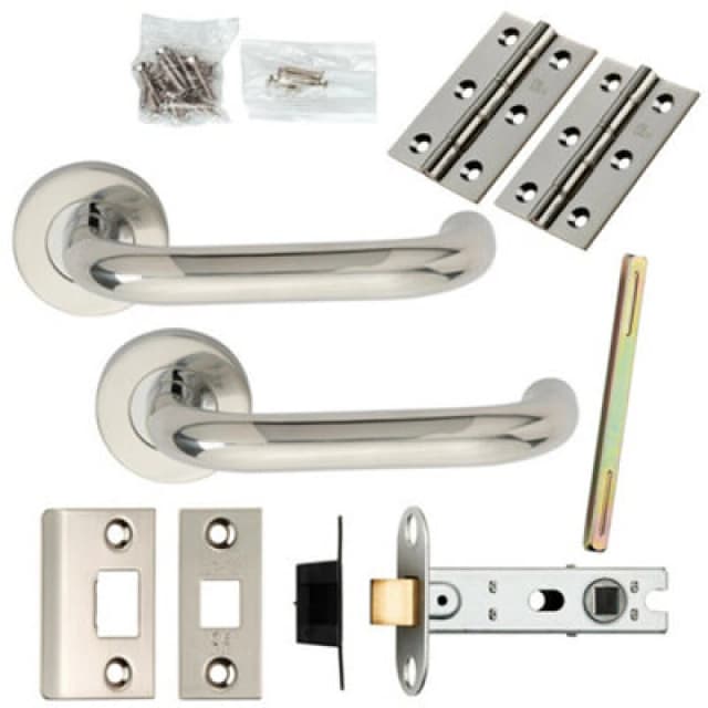 Loops Door Handle & Latch Pack Polished Steel Safety Lever Screwless Round Rose Metallics