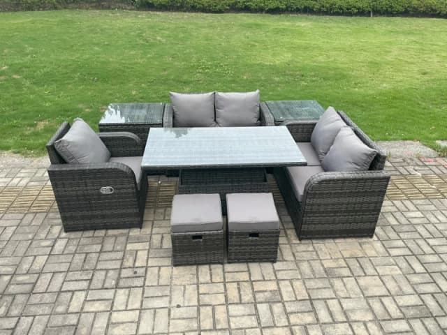 Fimous Wicker PE Rattan Furniture Garden Dining Set With Reclining Chair 2 Side Tables 2 Small Footstools Dark Grey