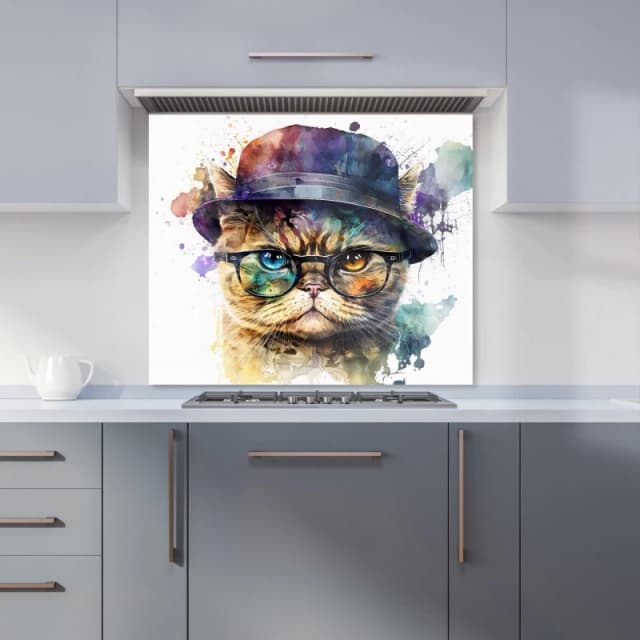 Warren Reed - Designer Shorthair Cat With Glasses Splashart Kitchen Splashback Size: 600mm x 750mm Multicolor Unisex 600mm x 750mm