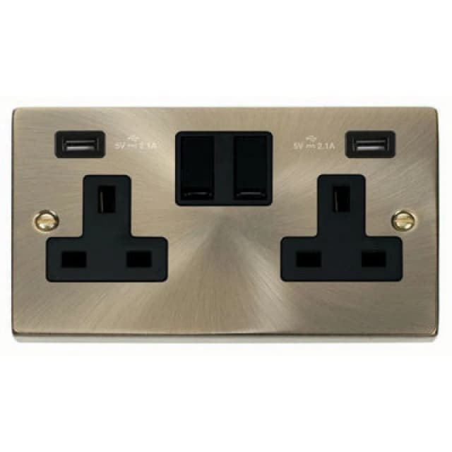 SE Home Antique Brass 2 Gang 13A 2 USB Twin Double Switched Plug Socket Gold unisex