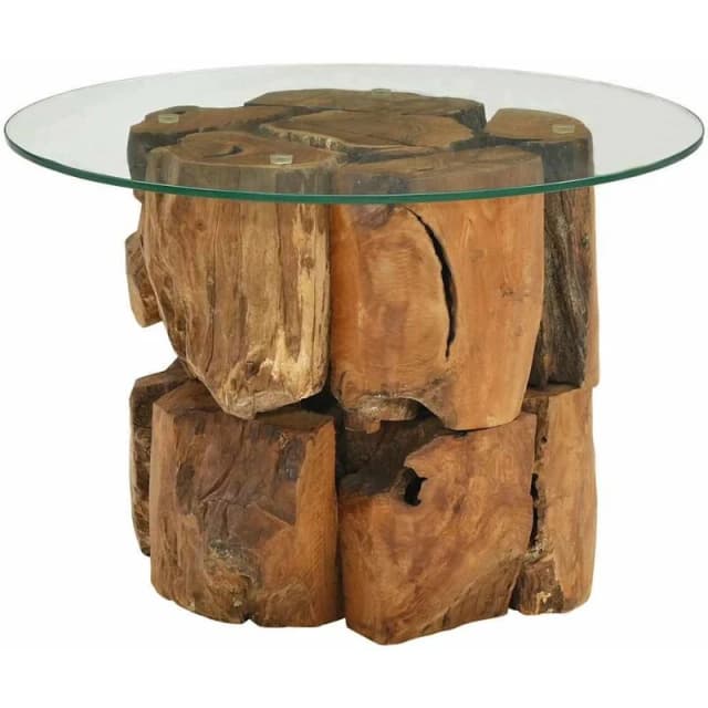 vidaXL Solid Teak Driftwood Coffee Table 60cm Glass Tabletop Telephone Stand