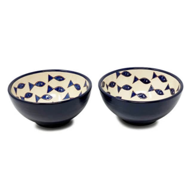 Verano Spanish Ceramics Signature Blue & White Fish Hand Painted Ceramic Set of 2 Appetiser Bowls (Diam) 15cm Blue
