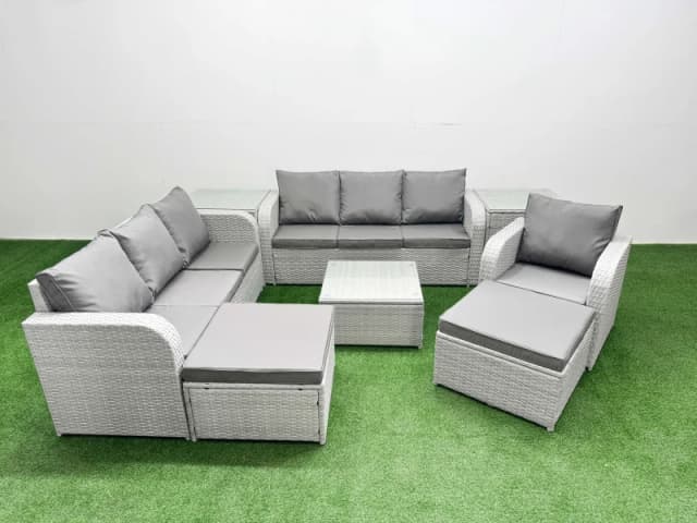Fimous 9 Seater Poly Rattan Outdoor Garden Furniture Square Coffee Table Sofa Set Patio 3 Seater Sofa Reclining Chair 3 Seater Sofa 2 Big Footstools 2