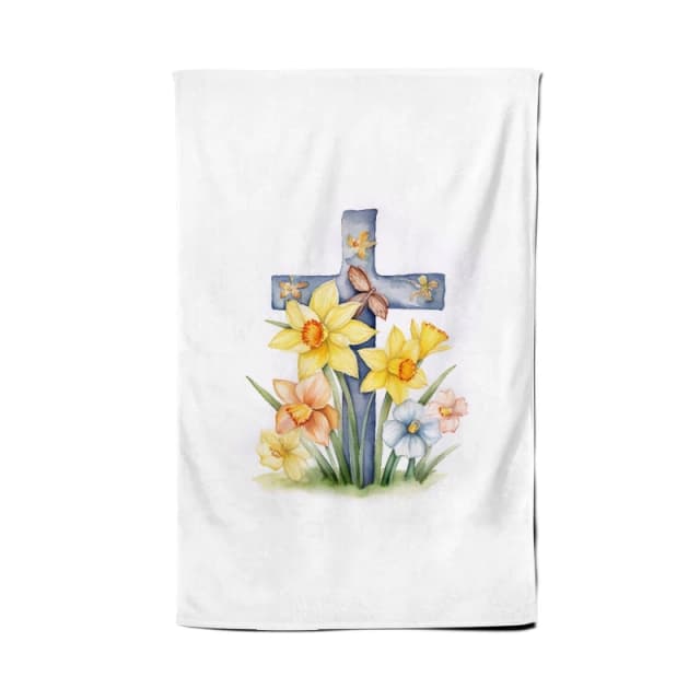 Warren Reed - Designer Watercolour Easter Cross with Daffodils Tea Towel Multicolor Unisex