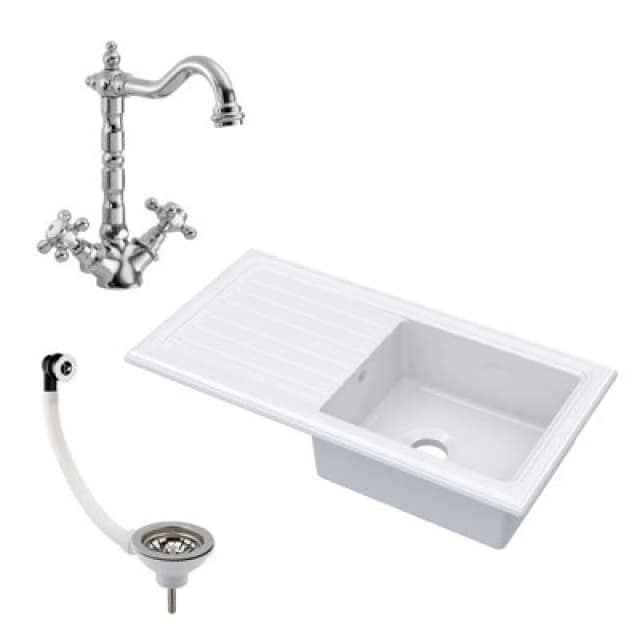 Balterley Fireclay Drop In Sink 1 Bowl Drainer Tap Waste 1010mm White