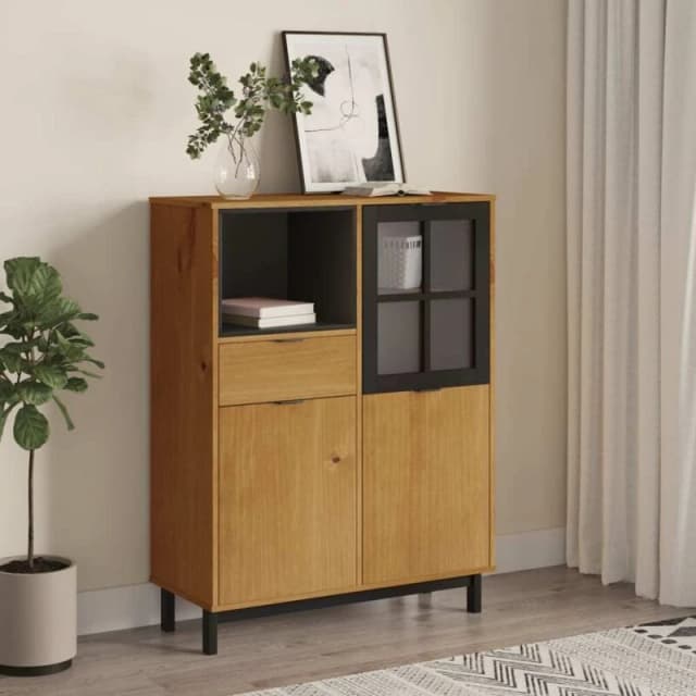 Vidaxl Highboard With Glass Door Flam 92X40X122.5cm Solid Wood Pine, Brown 357829