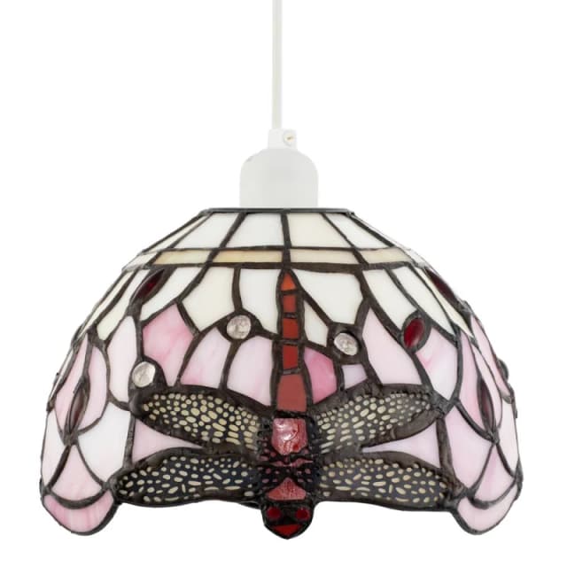 Happy Homewares Pale Pink & White Stained Glass Dragonfly Tiffany Pendant Shade Pink Unisex
