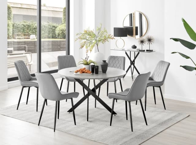 FurnitureboxUK FurnitureboxUK Novara Grey Concrete Effect Black Leg 120cm Round Dining Table & 6 Pesaro Black Leg Chairs Grey One Size Unisex 50566571