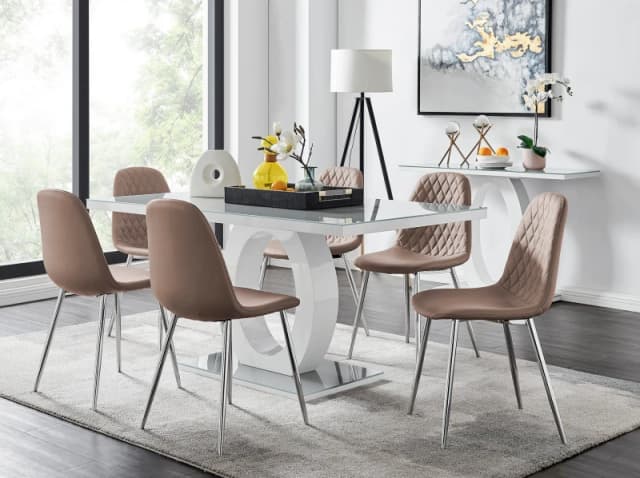 FurnitureboxUK FurnitureboxUK Giovani 6-Seater Grey Glass Dining Table and 6 Corona Faux Leather Dining Chairs in Beige Beige One Size Unisex 50565426