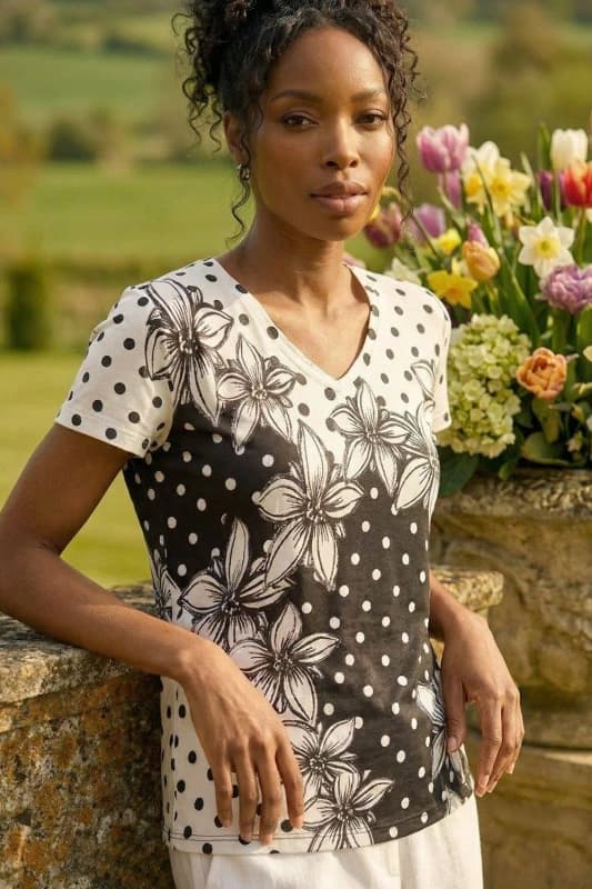 Roman Womens Polka Dot Floral Knit Top in Black Size: 12 Black Female 12