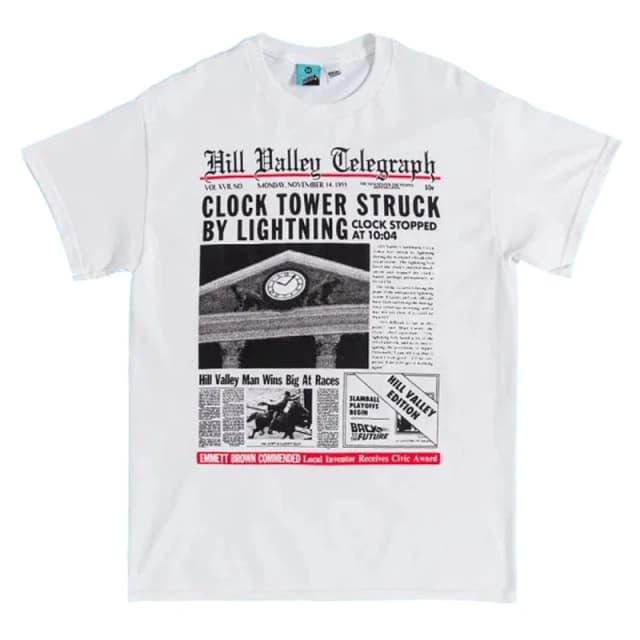 Back To The Future Mens Hill Valley Newspaper T-Shirt in White Size: Large White Male L