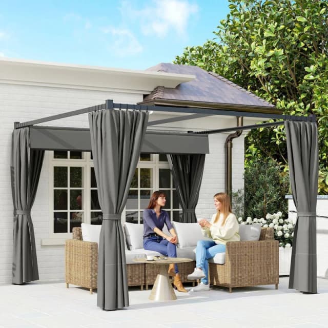 Outsunny 3 x 3(m) Pergola with Retractable Roof and Curtains, Charcoal Grey 84C-441V00CG