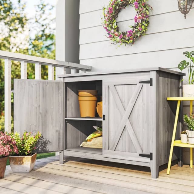 OUTSUNNY Wooden Garden Shed Tool Cabinet 110 x 60 x 88.5 cm, Light Grey Size: 110 x 60 x 88.5cm Light Grey Unisex 110 x 60 x 88.5 cm