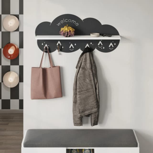 Decortie Cloudy Wall-Mounted Metal Hanger White Shelf With 6 Metal Hooks Welcome Cloud Shape Functional Storage Hanger Entryway