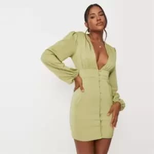 Missguided Button Balloon Slv Mini Ls Satin Dress - Green
