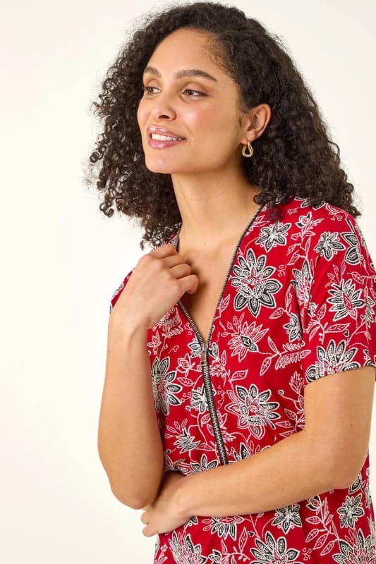 Roman Womens Floral Print Zip Detail Top in Red Size: 12 Red Female 12