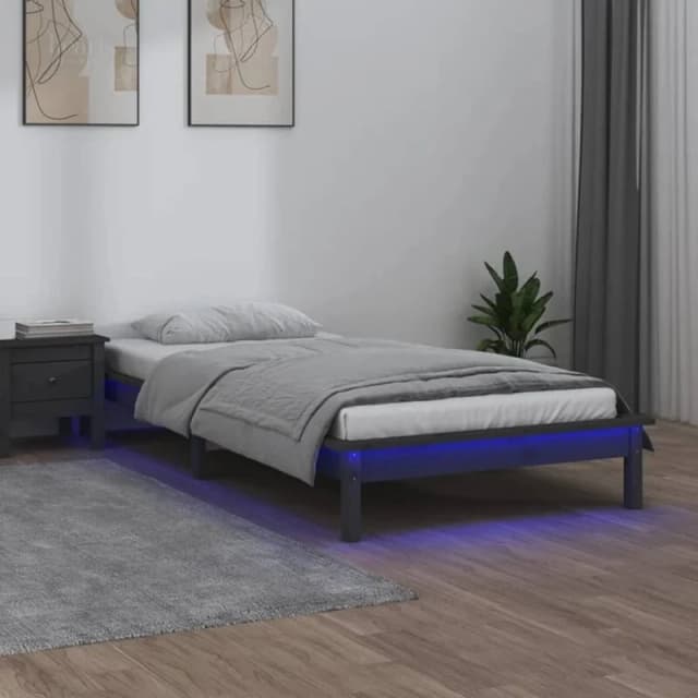 vidaXL LED Bed Frame Grey 90x200cm Solid Wood, Grey 820593
