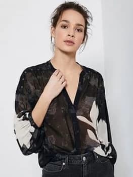 Mint Velvet Monica Print Pin Tuck Blouse, Black, Size 18, Women