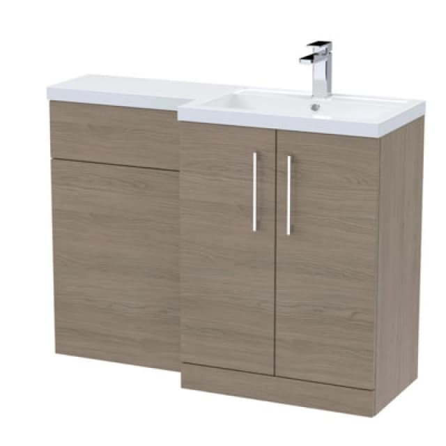 Nuie Arno Right Hand Combination, Polymarble Basin Pre-Drilled With 1 Tap Hole, Bathroom Storage Unit In Solace Oak, 1100mm