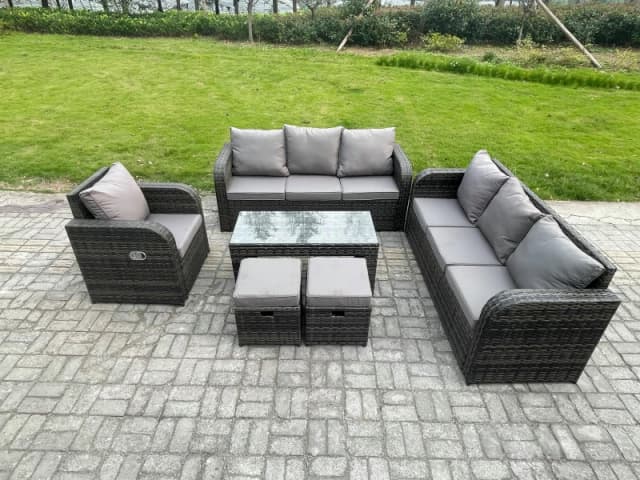 Fimous Patio Garden Furniture Sets Wicker 9 Seater Outdoor Rattan Furniture Sofa Sets with Rectangular Coffee Table Reclining Chair 2 Small Footstools