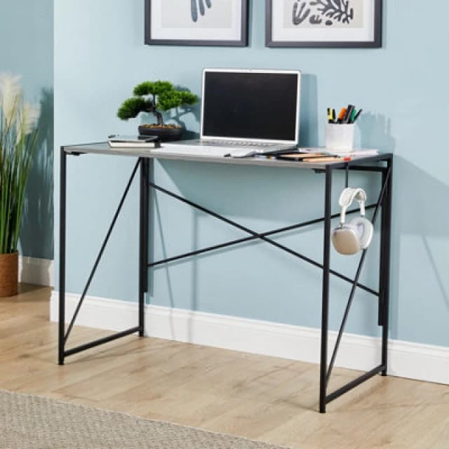 Home Source Brampton Folding Grey Oak Effect Compact Desk Storage Hook Wood And Metal Home Office Workstation