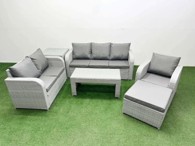 Fimous Patio PE Wicker 7 Seater Outdoor Rattan Furniture Sofa Sets with Reclining Chair Loveseat Sofa 3 Seater Sofa Side Table